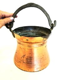 Primitive Vintage Copper Cauldron With Wrought Iron Handle