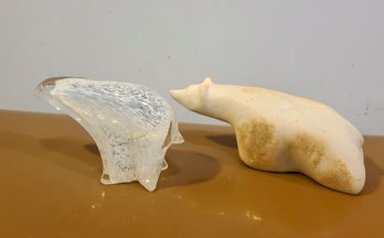 2 Beautiful Polar Bear Figurines - Hand Carved Stone And Speckled Glass