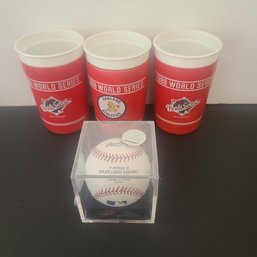 1988 Oakland A's World Series Commemorative Cups And Official MLB Baseball With Lucite Case