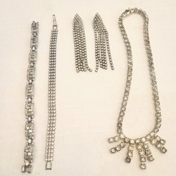 Vintage Rhinestone Necklace, Bracelets And Tassel Earrings