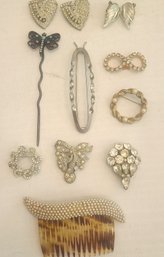 Assorted Vintage Pins, Clips And Decorative Hair Comb