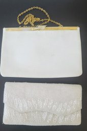 Two Stylish White Vintage Purses - Crossover With Gold Chain And Beaded Clutch