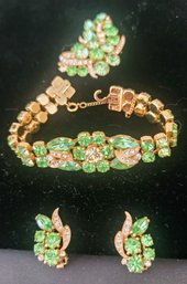 Eisenberg Vintage Costume Jewelry Set With Green Faux Gems And Gold Backing