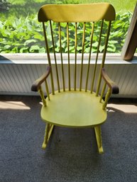 Yellow Wooden Rocking Chair, Spindle Back, Round Seat, Curved Armrests, Vintage Style