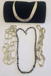 Four Metallic Necklaces -Costume Fun, 1 Open Link Chain, 2 Beaded And 1 Petal Collar