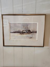 Farmhouse Winter Bar Landscape Oil Painting 12' X 16' Signed Irv Lehr