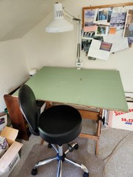 Amazing Vintage 1940s Drafting Table With Vinyl Cover & Leather Stool