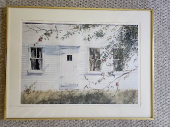 Large Framed & Matted Water Color Painting Exterior Of White Farm House Signed By Nat Lewis 29' X 22'