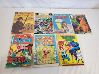 Seven Vintage Comic Books - Davy Crockett At The Alamo, Jughead, Corporate Crimes & More