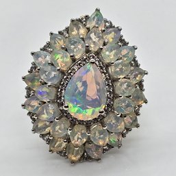 Premium Ethiopian Welo Opal, White Zircon Floral Ring In Platinum Over Sterling