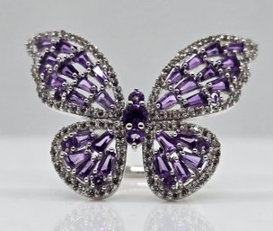 Premium African Amethyst, White Zircon Butterfly Ring In Platinum Over Sterling