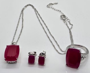 Pink Onyx, Rhodium Over Sterling Ring, Earrings & Pendant Necklace
