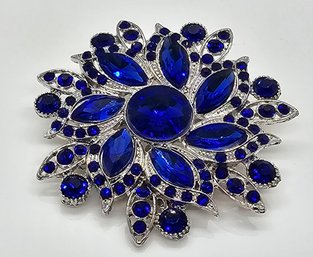 Blue Austrian Crystal, Blue Glass Floral Belt Buckle In Silvertone