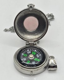 Rose Quartz Openable Pendant Necklace With Compass In Stainless Steel