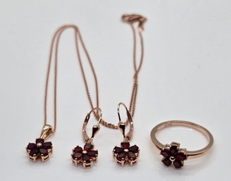 Anthill Garnet Floral Earrings, Ring & Pendant Necklace In Rose Gold Over Sterling