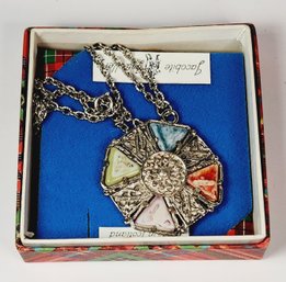 New Vintage Jacobite  Scotland AGATE Multi-colored Stone Silver Tone  Pendant And Necklace
