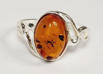 New Sterling Silver AMBER (Lots Of Fossils) Stone Ring