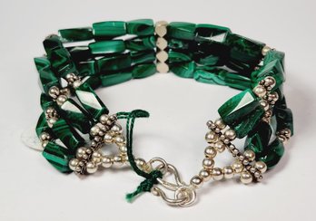 New   Sterling Silver MALACHITE  Green Marble Stone   Layered Beaded  Bracelet