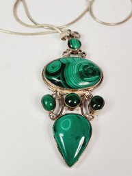 New Beautiful Sterling Silver Green Malachite Stone Large Pendant And Necklace