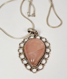 New Sterling Silver Large Pink Quartz Stone Pendant And Necklace