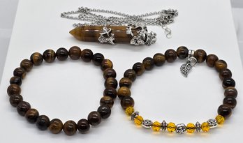 Yellow Tigers Eye Pendant And Two Beaded Stretch Bracelets In Silvertone With Stainless Steel Necklace