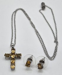 Brazilian Citrine Stud Earrings And Cross Pendant Necklace In Stainless Steel