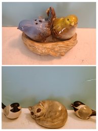 Adorabl3 Artisan Ceramic Nesting Bird Salt & Pepper Shakers, Sleeping Kitty And 2 Chickadees