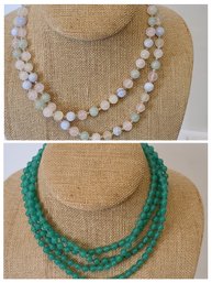 Vintage Pastel Polished Stone Necklace With Matching Earrings Paired With Teal Multistrand Beaded Necklace
