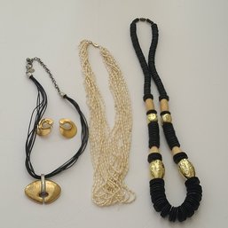Tri Of Necklaces: One Chicos With Matching Earrings & Multistrand Freshwater Seed Pea