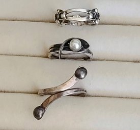 3 Pretty Sterling Silver Rings - 1 With A Small Pearl Accent