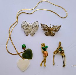 Fun Collection Of Vintage Filigree & Enamel Pins And Double Sweetheart Pendants In Jade And Mother Of Pearl