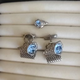 Fancy Silver Mesh Cufflinks & Tie Pin - With Faceted Aquamarine Gemstone 'Eye'