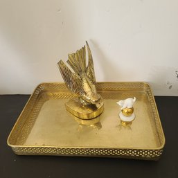 MCM Brass Punch Cut Catchall Tray ,  Heavy Solid Brass Bird & Porcelain /Brass Cat By Rosenthal