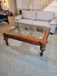 Ethan Allen Coffee Table . Wood / Glass / Metal .  - - - - - - - - - - - - - - - - - - - - - - - - Loc: Gar