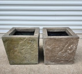 Pair Of Square Faux Stone Cement Planters
