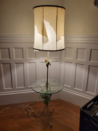 Vintage Metal Floor Lamp With Glass Shelf And Metal Painted Flowers. Tested And Working.  - - - - Loc: Laundry