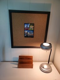 Group Of Desk Items - Goodneck Desk Lamp, Wood Letter Holder & Framed Cork Board