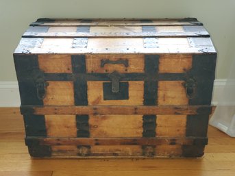 Antique Wood & Steel Travel Steemer Storage Trunk - Wheeled - No Key