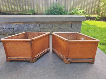 Two Vintage Wood & Brass Triangular Shaped Planters