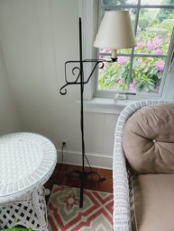 Vintage Adjustable Wrought Iron Flame Tip Floor Lamp With Fabric Shade - Works!