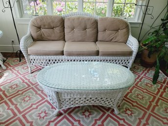 White Wicker Sofa Couch With Oval Cocktail Table