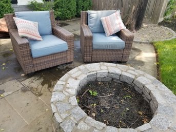 Pair Of Brown Faux Wicker Outdoor Yard Patio Chairs With Blue Cushions & Protective Covers!!