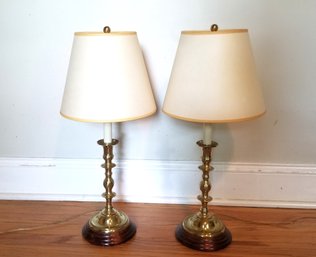 Pair Of Small Vintage Brass Candlestick Holder Table Lamps