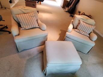 Two Baker Furniture Beige Upholstered Arm Chairs & One Ottoman