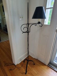 Vintage Wrought Iron Flame Tip Floor Lamp With Black Fabric Shade - Works!