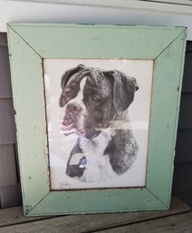 Vintage Rustic Wood Framed Portrait Of Dog
