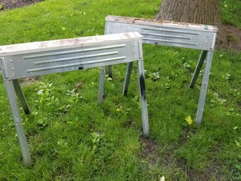Pair Of Folding Aluminum Saw Horses With Wood Tops