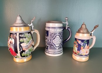 Set Of Three Collectible Various Size West German Lidded Beer Steins