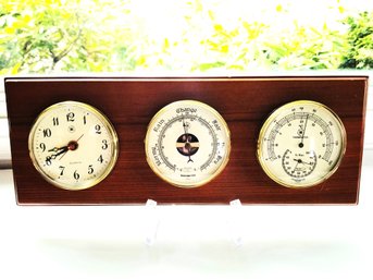 Bey-Berk Oak Wood International Quartz Clock Barometer & Thermometer With Hygrometer