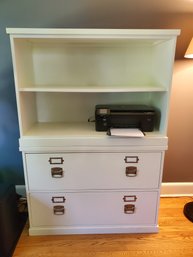 Two Piece Pottery Barn White Bedford Bookcase Upper Shelving & Two Drawer Lateral File Lower Cabinet